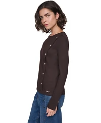 Karl Lagerfeld Paris Petite Ribbed Long-Sleeve Button-Detail Knit Top