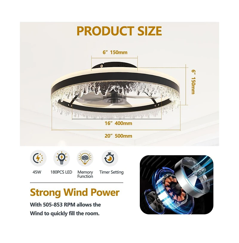 Sofucor 20-inch Black Smart Flush Mount Ceiling Fan with Light and Remote Control Included 5-Blade
