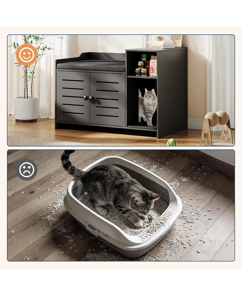 homfan Hidden Litter Box Furniture with Cushion, Mark Pad, Storage Shelf, Odor Control, Large Modern Wooden House Cabinet, Fits Most Boxes