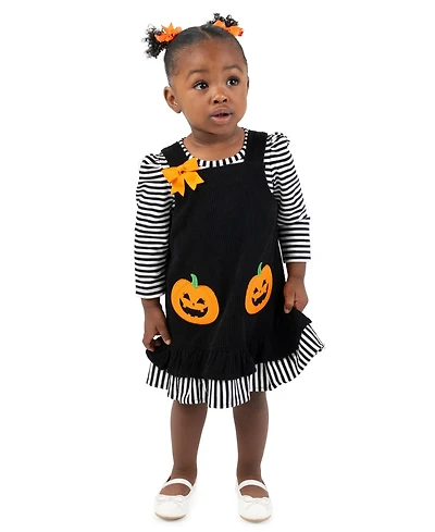 Rare Editions Baby Girls' Black Pumpkin Applique Jumper with Striped and Sleeveless Dress