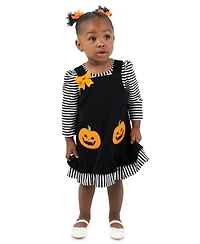 Rare Editions Baby Girls' Black Pumpkin Applique Jumper with Striped and Sleeveless Dress