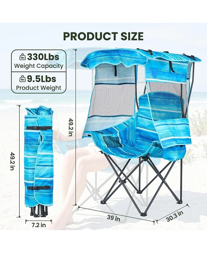 Mooncool Beach Chair with Canopy Shade Portable Folding Camping Cooler Bag and Cup Holder