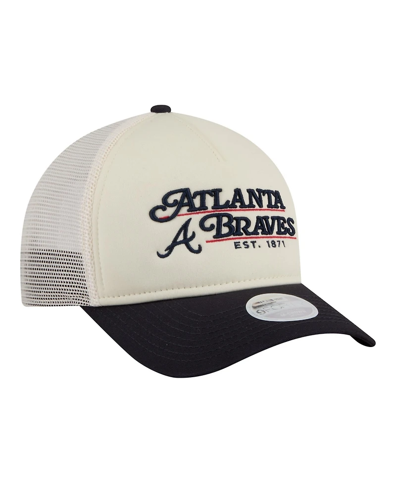 New Era Women's Light Beige/Navy Atlanta Braves Retro 9FORTY M-Crown A-Frame Trucker Adjustable Hat