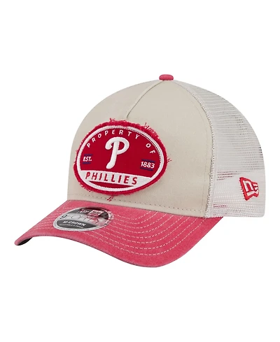 New Era Men's Light Beige/Red Philadelphia Phillies Frayed M-Crown A-Frame 9FORTY Trucker Adjustable Hat