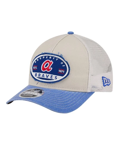 New Era Men's Light Beige/Royal Atlanta Braves Frayed M-Crown A-Frame 9FORTY Trucker Adjustable Hat
