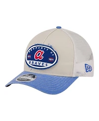 New Era Men's Light Beige/Royal Atlanta Braves Frayed M-Crown A-Frame 9FORTY Trucker Adjustable Hat