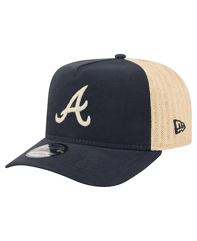 New Era Men's Navy/Natural Atlanta Braves Grained 9FIFTY A-Frame Trucker Adjustable Hat