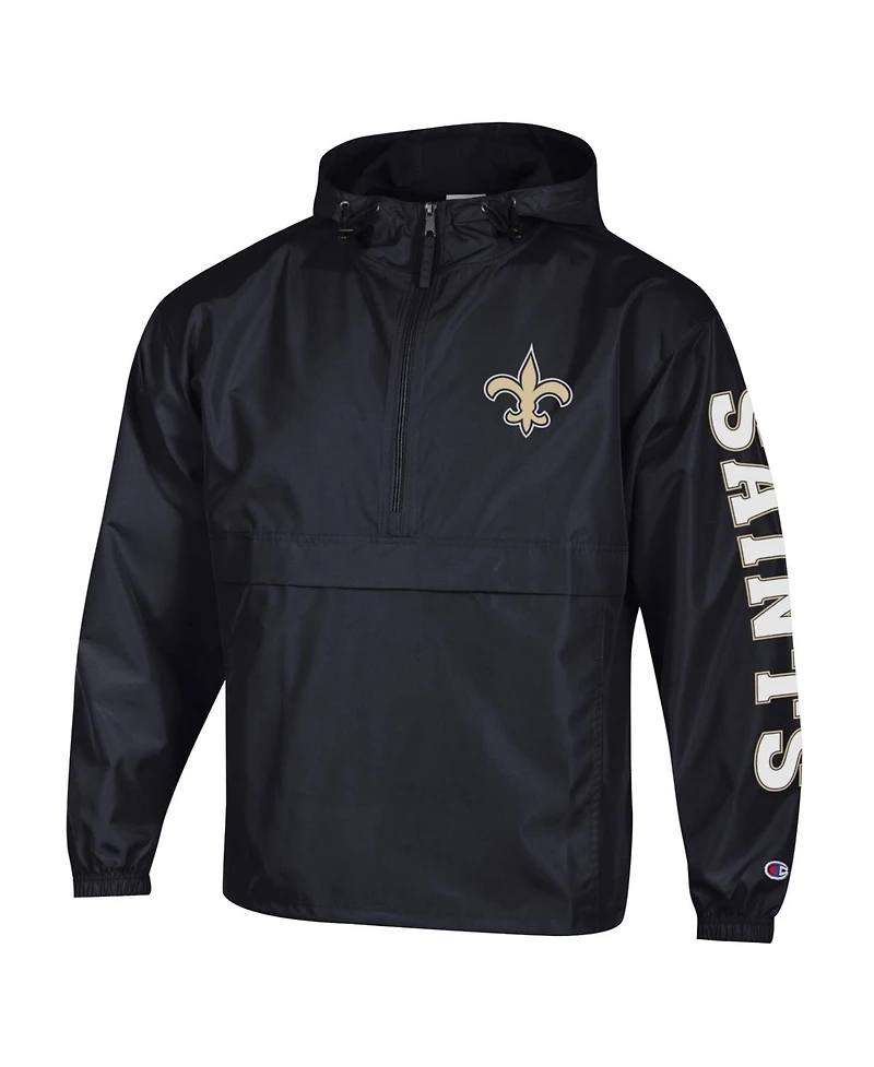 Champion Men's Black New Orleans Saints Packable Hooded Windbreaker Half-Zip Jacket