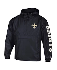 Champion Men's Black New Orleans Saints Packable Hooded Windbreaker Half-Zip Jacket