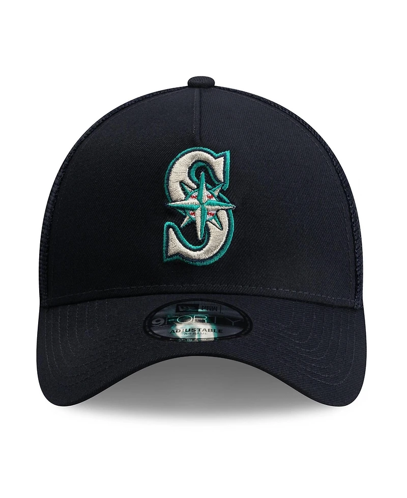 New Era Men's Navy Seattle Mariners Side Script 9FORTY A-Frame Trucker Adjustable Hat