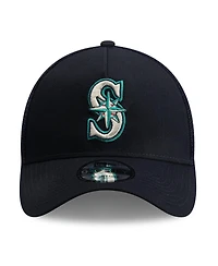 New Era Men's Navy Seattle Mariners Side Script 9FORTY A-Frame Trucker Adjustable Hat