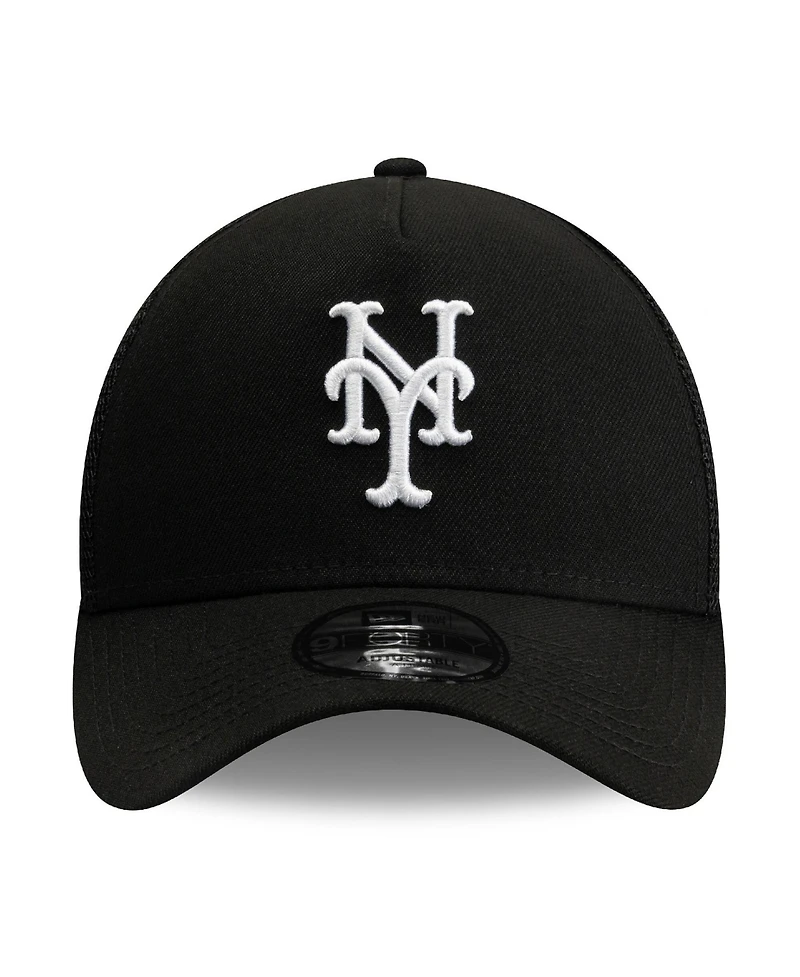 New Era Men's Black New York Mets Side Script 9FORTY A-Frame Trucker Adjustable Hat