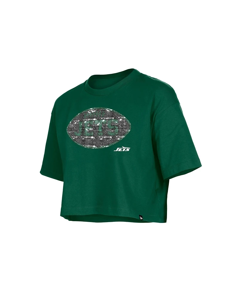 New Era Girl's Green York Jets Flip Sequin Boxy T-Shirt