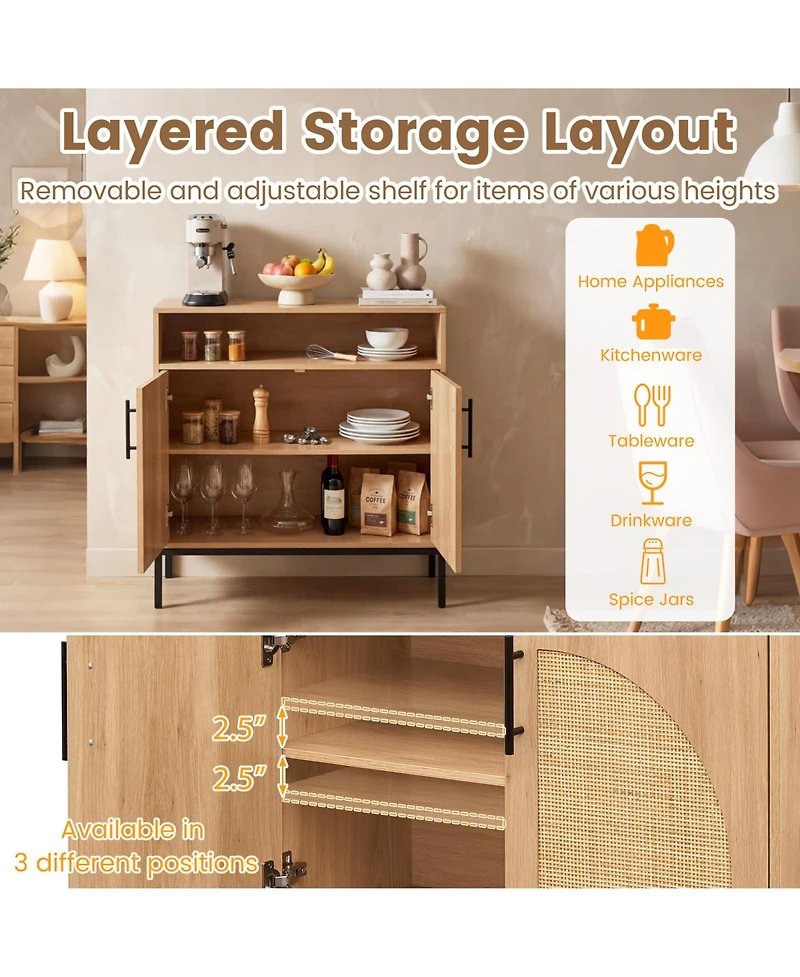 Costway Sideboard Buffet Cabinet with Rattan Decorated Doors, Adjustable Shelf