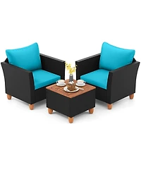 Gouun 3 Piece Outdoor Wicker Conversation Set with Acacia Wood Storage Coffee Table