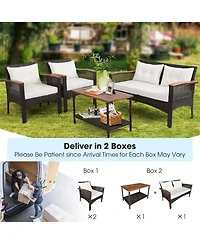 Gouun 4 Piece Outdoor Rattan Conversation Set with Acacia Wood Table, Loveseat and 2 Armchairs