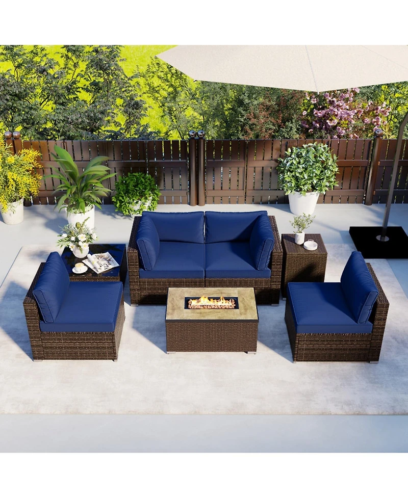 Gouun 7 Piece Outdoor Furniture Set with 32 in Propane Fire Pit Table, Tank Cover and Pe Wicker Sofas