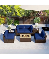 Gouun 7 Piece Outdoor Furniture Set with 32 in Propane Fire Pit Table, Tank Cover and Pe Wicker Sofas