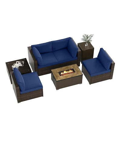 Gouun 7 Piece Outdoor Furniture Set with 32 in Propane Fire Pit Table, Tank Cover and Pe Wicker Sofas