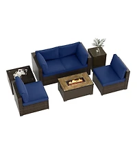 Gouun 7 Piece Outdoor Furniture Set with 32 in Propane Fire Pit Table, Tank Cover and Pe Wicker Sofas