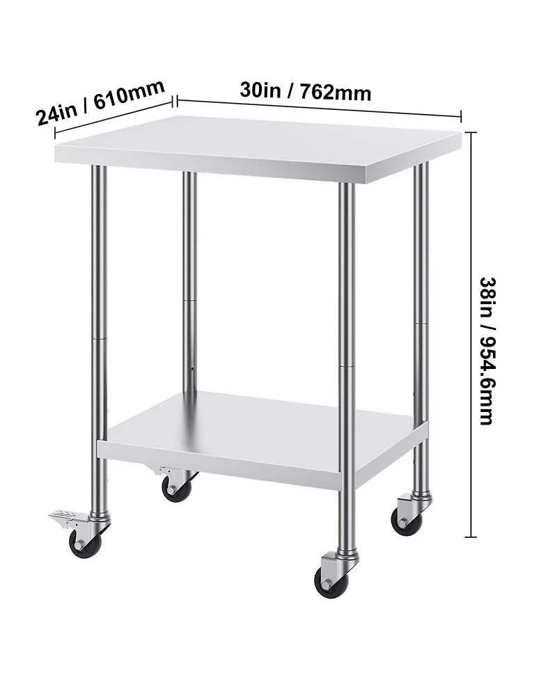 Hongge Mobile Food Prep Worktable 24 x 30 x 38 in Stainless Steel with 3 Height Levels for Restaurants