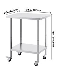 Hongge Mobile Food Prep Worktable 24 x 30 x 38 in Stainless Steel with 3 Height Levels for Restaurants
