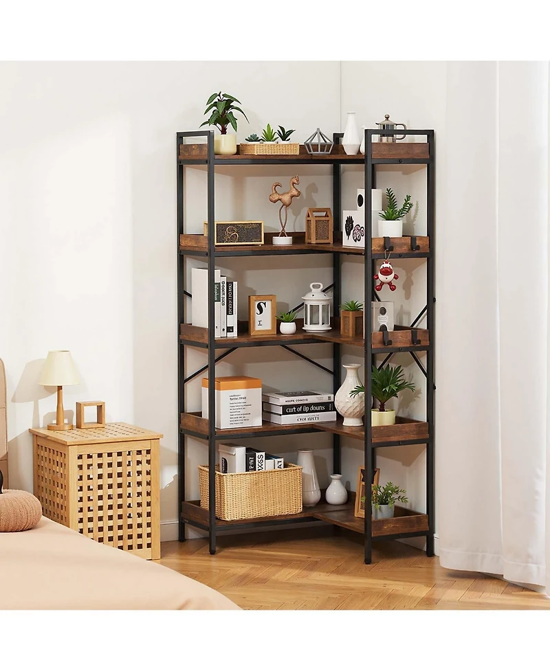 Slickblue L Shaped Corner Bookshelf with Wooden Shelves, 4 Hooks and Heavy Duty Metal Frame