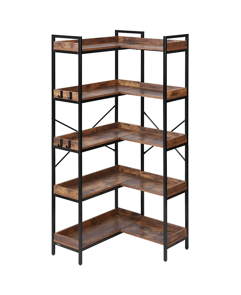 Slickblue L Shaped Corner Bookshelf with Wooden Shelves, 4 Hooks and Heavy Duty Metal Frame