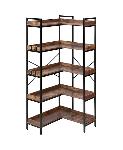 Slickblue L Shaped Corner Bookshelf with Wooden Shelves, 4 Hooks and Heavy Duty Metal Frame