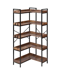Slickblue L Shaped Corner Bookshelf with Wooden Shelves, 4 Hooks and Heavy Duty Metal Frame