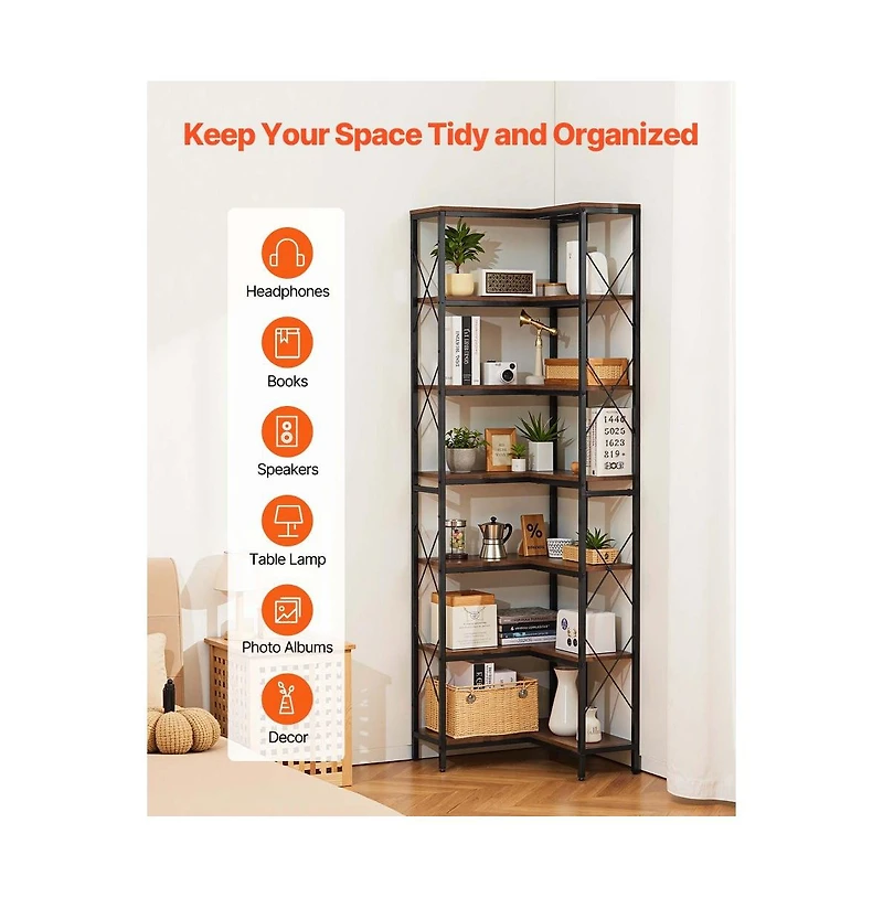 Slickblue L Shaped Corner Bookshelf with 7 Tier Storage Shelves, Tall Display Rack for Living Room
