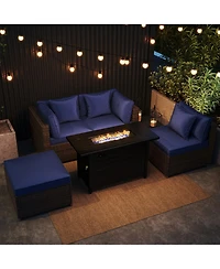 Gouun 5-Piece Pe Rattan Sofa Set with 60,000 Btu Fire Pit Table and Ottomans
