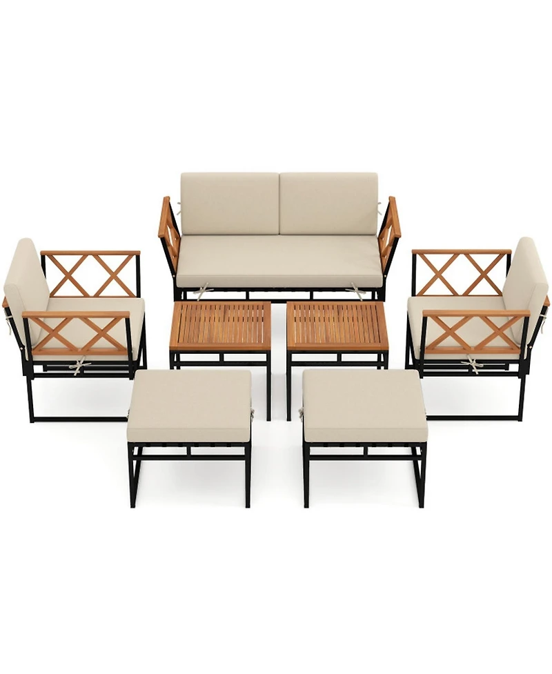 Gouun 7 Piece Outdoor Patio Conversation Set with Bungee Rope Seats, Acacia Wood Accents and Cushions