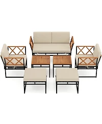 Gouun 7 Piece Outdoor Patio Conversation Set with Bungee Rope Seats, Acacia Wood Accents and Cushions