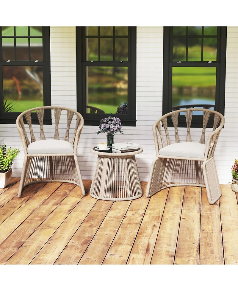 Gouun 3 Piece Outdoor Patio Furniture Set with Rope-Woven Armchairs, Cushions and Round Glass Side Table