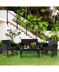 Gouun 4 Piece Outdoor Patio Rattan Furniture Set, Loveseat, 2 Chairs and Glass Coffee Table