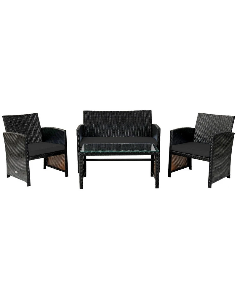 Gouun 4 Piece Outdoor Patio Rattan Furniture Set, Loveseat, 2 Chairs and Glass Coffee Table