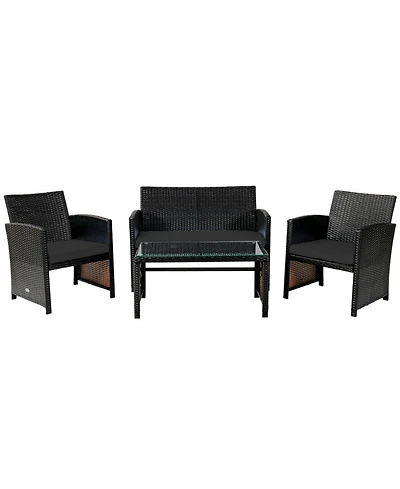 Gouun 4 Piece Outdoor Patio Rattan Furniture Set, Loveseat, 2 Chairs and Glass Coffee Table