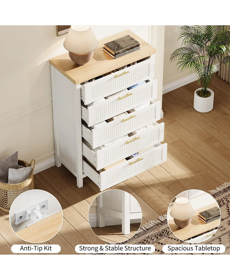 homfan 42.9" Tall Fluted 5-Drawer Dresser, Wooden Clothes Storage Organizer and Tv Stand for Bedroom