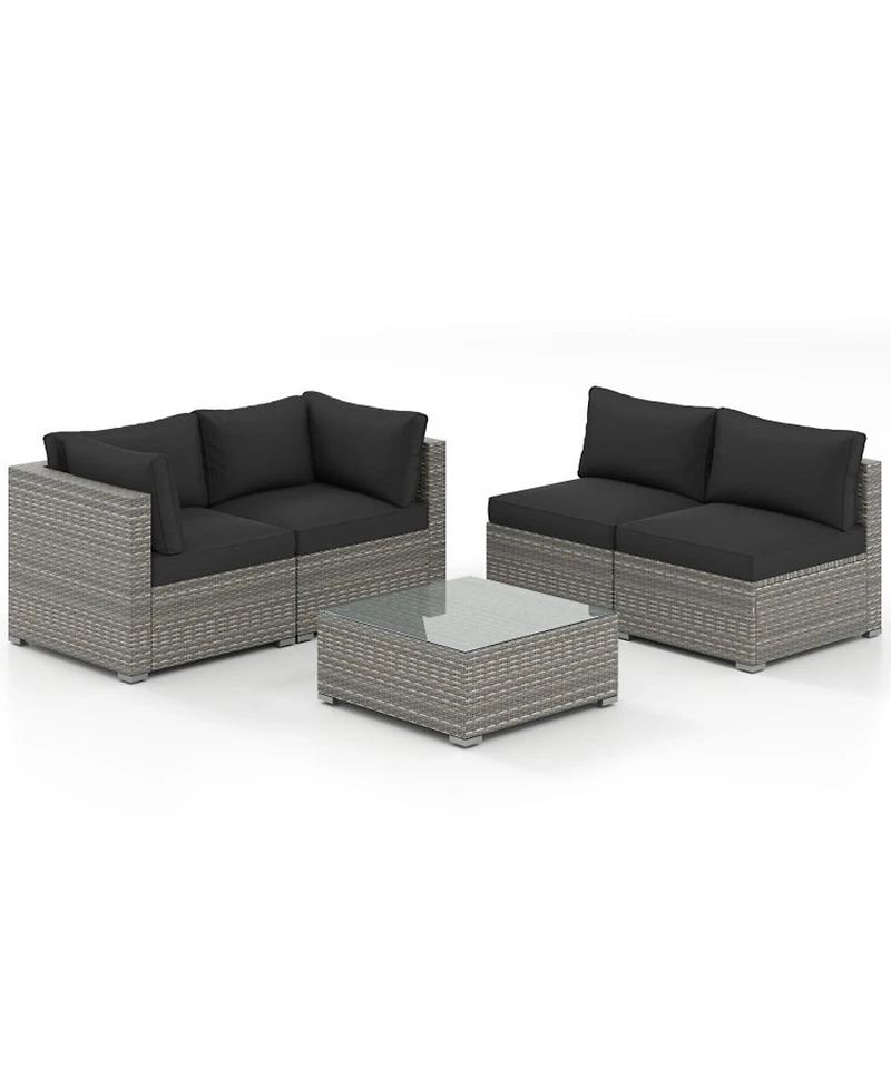 Gouun 5-Piece Outdoor Pe Rattan Patio Sectional Conversation Set with Tempered Glass Coffee Table