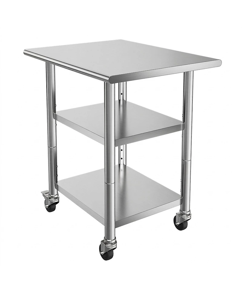 Hongge Compact Kitchen Prep Table 24 x 30 in Stainless Steel with Two Storage Shelves and Wheels