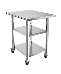 Hongge Compact Kitchen Prep Table 24 x 30 in Stainless Steel with Two Storage Shelves and Wheels