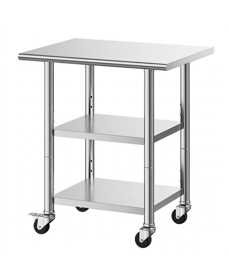 Hongge Compact Kitchen Prep Table 24 x 30 in Stainless Steel with Two Storage Shelves and Wheels