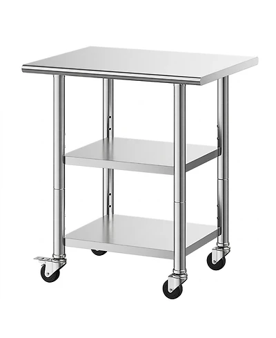 Hongge Compact Kitchen Prep Table 24 x 30 in Stainless Steel with Two Storage Shelves and Wheels