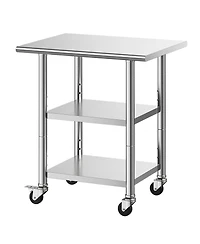 Hongge Compact Kitchen Prep Table 24 x 30 in Stainless Steel with Two Storage Shelves and Wheels