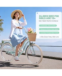 ECHTPeak 24 Inch Cruiser Bike for Girls, with Wicker Basket and Rear Rack, Speed Commuter Bicycle, High Carbon Steel Frame, for Outdoor Riding