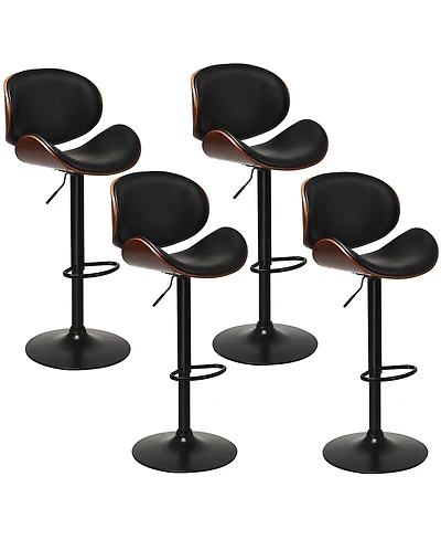 Gymax Set of 4 Bentwood Barstool Mid-Century Adjustable Swivel Pu Leather Curved Back