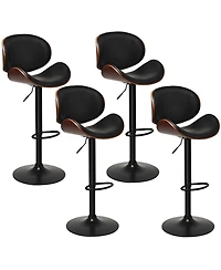 Gymax Set of 4 Bentwood Barstool Mid-Century Adjustable Swivel Pu Leather Curved Back