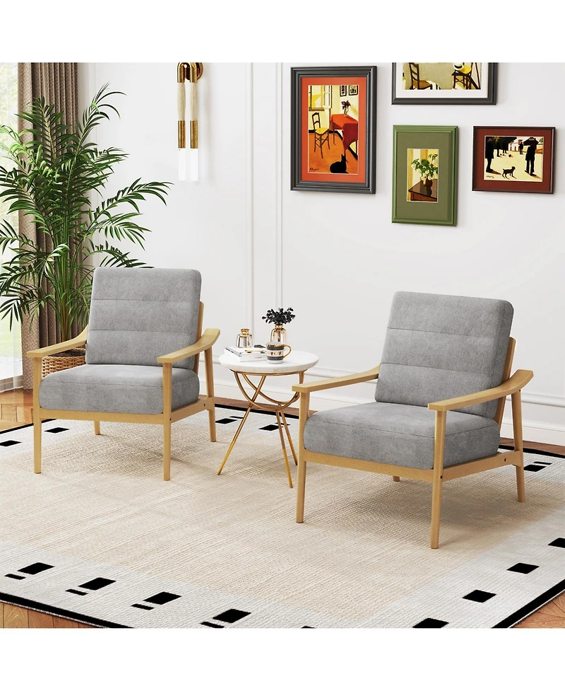 Gymax 2 Piece Modern Accent Chair Upholstered Leisure Armchair with Rubber Wood Armrests and Legs