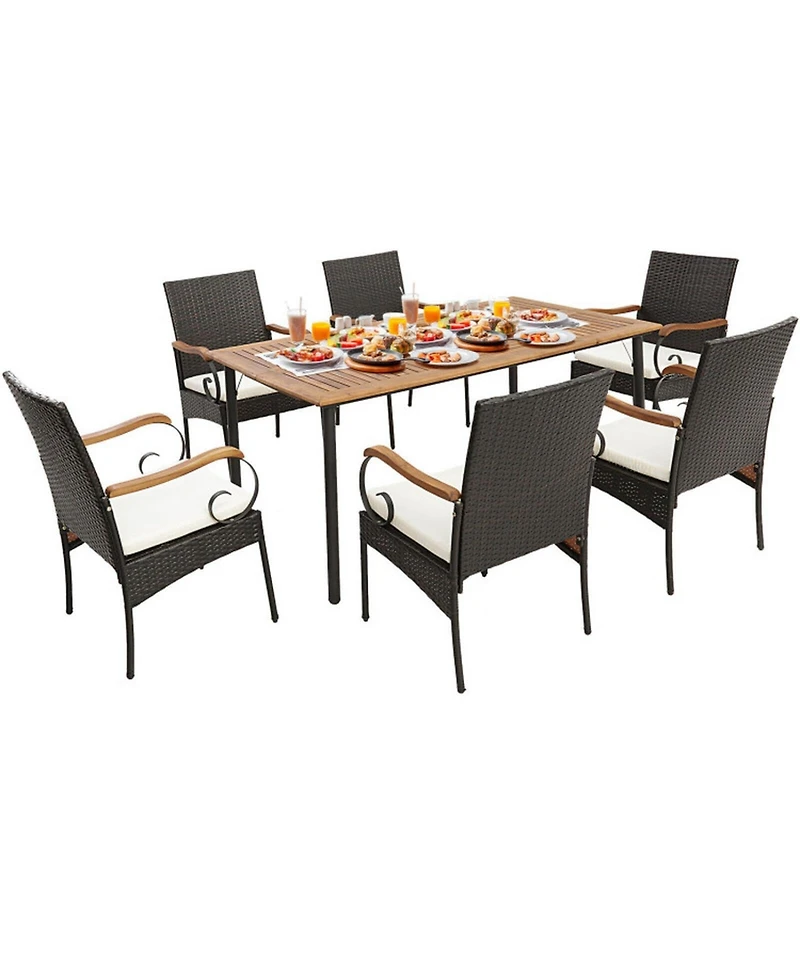 Gouun 7 Piece Outdoor Wicker Dining Set with Detachable Cushions, Acacia Table and Umbrella Hole